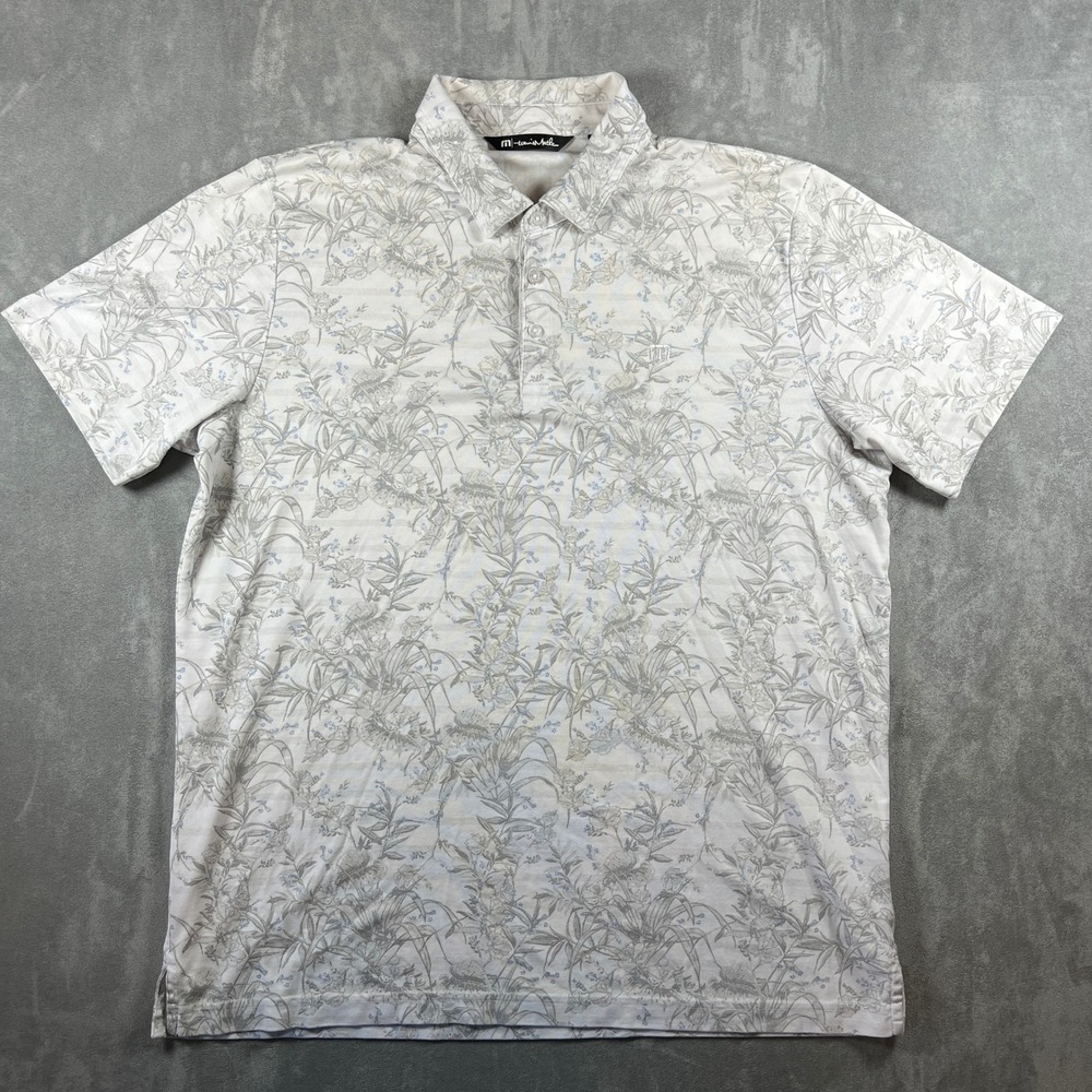 TravisMathew Mens XL Polo Shirt White Floral Tropical Print Short Sleeve